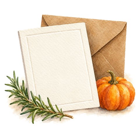 Watercolor of a blank letterpress card leaning on a kraft envelope, with rosemary and a small pumpkin