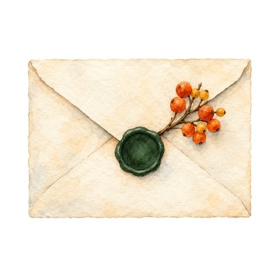 Watercolor of a cream envelope sealed with green wax and a sprig of bittersweet